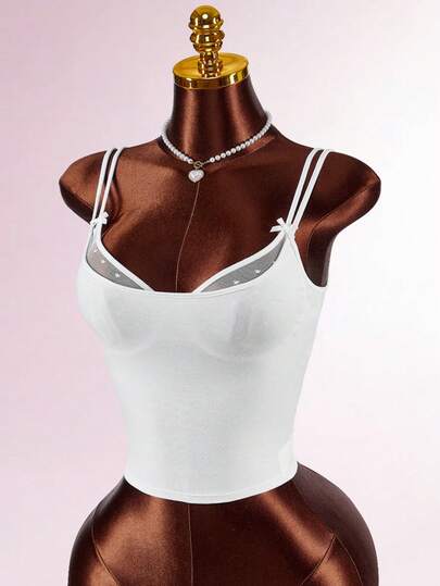 Amplova Romantic Polka Dot Sheer Sexy Low-Cut 2 Pieces Top