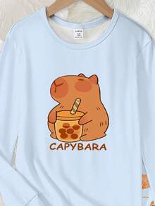 Tween Girls Pajama Set, Snug Fit 2-Piece Set - Light Blue Orange Capybara Pajamas Temperature Color Change Capybara Bubble Tea Print Crew Neck Design Light Blue Orange Healing Capybara Color Warm Comfortable Fabric Long Sleeve Crew Neck Top Pants Capybara Bubble Tea Combo Social Media Style Healing Capybara Spring Summer Autumn Winter Holiday Essential Tween Girls Pajama Set, - Blue - View 3