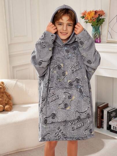 SHEIN Tween Boy Cute Astronaut & Planet Pattern Hooded Long Sleeve Kangaroo Pocket Plush Long Pajamas, Autumn/Winter, Boys Sleepwear, Kids Robes Boys,
