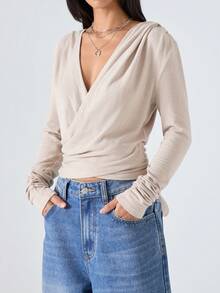 LYSMO 2025 Women's Minimalism Beige Autumn Winter Criss-Cross V-Neck Long Sleeve Ruched T-Shirt Wrap Twist Front Top,Casual Everyday New Year Clothes - Camel - View 5