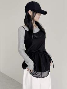 DAZY 女士独特交叉露背带设计百搭吊带衫 - 黑色 - 查看 2