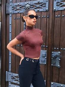 SHEIN Unity Women's Solid Color Short Sleeve Turtleneck Elegant Cropped Top - Brown - View 4