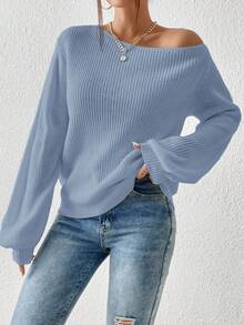 Siren Gaze 纯色不对称领休闲套头毛衣，长袖，长袖上衣 - 藍色 - 查看 9