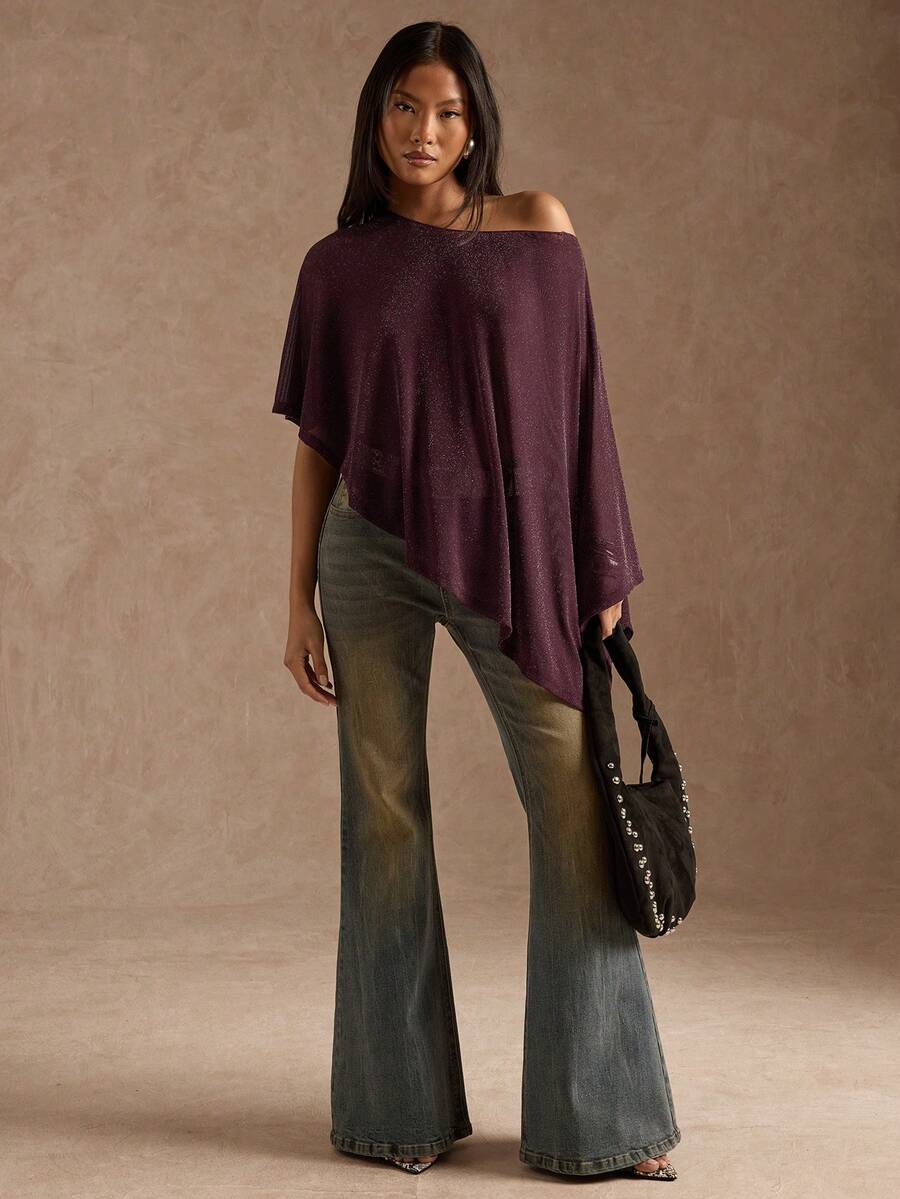 SHEIN BAE Women's Solid Purple Simple Sheer Shimmering Asymmetrical Neck Top / 2026 Fashion Top / Club Top / Maroon Top / Sheer Top / Purple Shawl/Going Out Tops For Women/Asymmetrical Shoulder Top/Party Top For Women/Night Out/New Year's For Women/Glitter Top - Maroon - View 1
