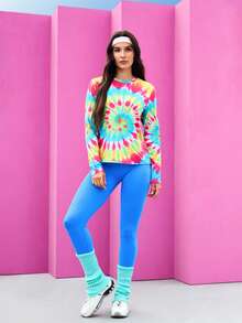 Gameset SHEIN Sport Damen Batik Rundhals Lockerer Schnitt Langarm Sport T-Shirt, Blau und Rosa, Sommer, Athleisure, Tv Girl, Fitnessstudio, Pride Month Neon Kleidung UV Casual Top - Verschiedenfarbig - Übersicht 7