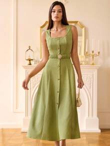 Revavyn 绿色绒面革蓬松开衩腰部褶皱弹力金属扣装饰无袖连衣裙，优雅女款设计 - 綠色 - 查看 5