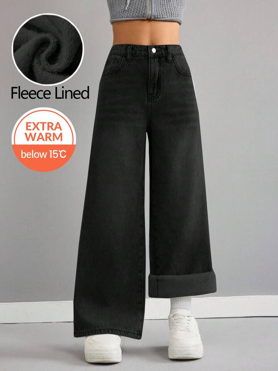 SHEIN 少女基础款浅色水洗牛仔保暖内衬宽松长裤，秋冬保暖休闲高腰阔腿牛仔裤，百搭Y2K风格，适合教师、返校、教堂等场合，商务休闲女孩，工装牛仔裤连衣裙，秋冬宽松裤，高腰长款阔腿牛仔裤，街头风，冬季牛仔裤 - 黑色 - 查看 1