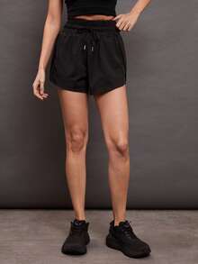 Activina Women's Solid Color Self-Tie Waist Pocket Loose Casual Shorts Sweater Shorts - Black - View 8