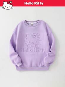HELLO KITTY AND FRIENDS | SHEIN Tween Girl Cartoon 3D Embossed Pattern Casual Crew Neck Sweatshirt - Mauve Purple - View 2