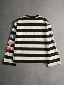 ROMWE MEN Street Life 男士休闲条纹字母印花长袖T恤 - 黑與白 - 查看 2