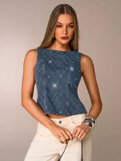 Avantive Blue Denim Sleeveless Top Holiday For Women Glitter Top Party Top For Women New Year Valentine's Day