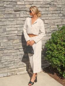 Sydney Algeri Elegant Plaid Short Jacket And Mini Skirt 2pcs Set, Autumn Fall Cloth For Women - White - View 3