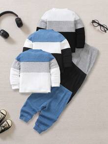 SHEIN Playful Pals 6pcs/Set Toddler Kids' Autumn/Winter Knitted Textured Ribbed Fleece Stand Collar Long Sleeve T-Shirt And Solid Color Ribbed Fleece Casual Sweatpants Set, Suitable For Various Occasions Baby Casual Sets Baby Boy Track Suit Baby Set Autumn Winter Season Baby Boys Outfit Baby Boy Sweater Set - Multicolor - View 2