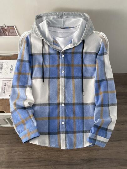 Manfinity Joysei Men's Casual Plaid Drawstring Hooded Shirt, Spring/Autumn, For Fall