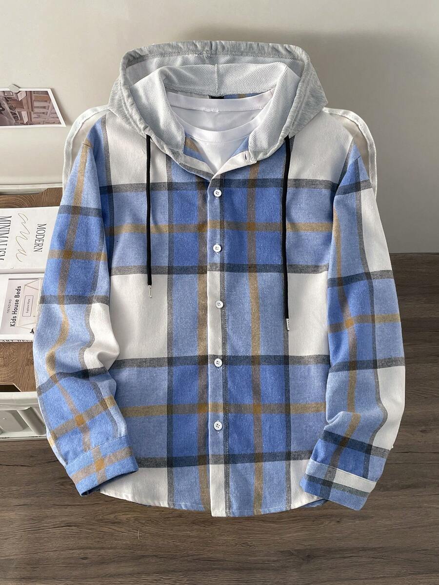 Manfinity Joysei Men's Casual Plaid Drawstring Hooded Shirt, Spring/Autumn, For Fall - Multicolor - View 1