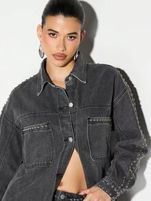 KIZN Áo sơ mi denim đính đinh tán cỡ lớn, chi tiết lỗ kim loại, tay dài, cài nút phía trước, cổ bẻ, phong cách đường phố sành điệu mùa thu đông - màu đen - Xem 6