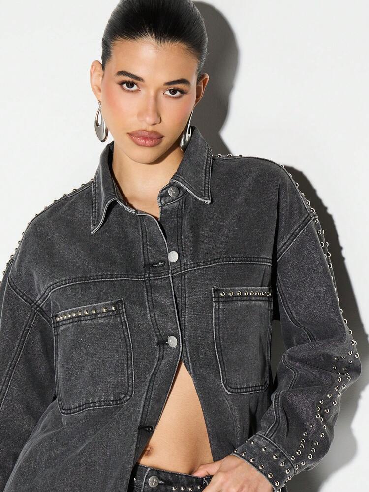 KIZN Studded Denim Shirt With Metal Eyelets