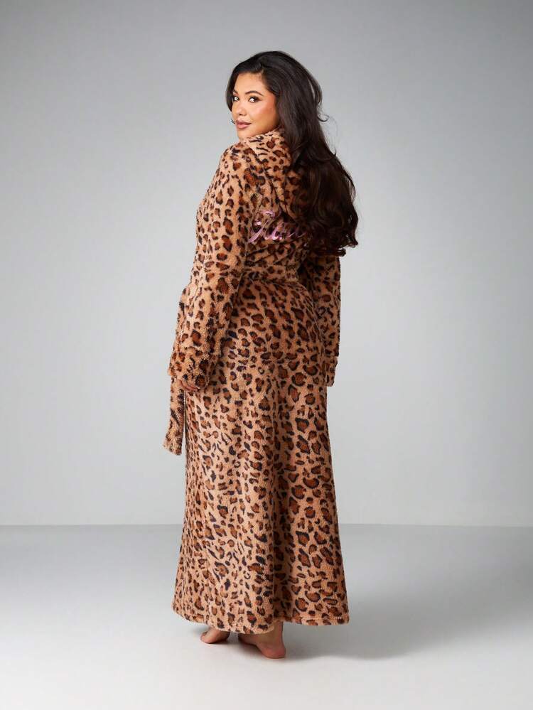 Missguided x Playboy Christmas Leopard Print Fleece Long Robe With Hood