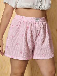 SHEIN MOD 大码女式条纹蝴蝶结印花高腰休闲短裤、沙滩短裤、粉色短裤、夏季短裤、夏季下装、舒适短裤平角短裤女式夏季短裤 - 粉色 - 查看 6