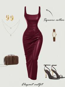 SHEIN MOD Plus Size PU Leather Women's Burgundy Brown Dress, Elegant Autumn Wedding Cocktail Birthday Winter Party Formal Evening Christmas Outfit - Burgundy - View 6
