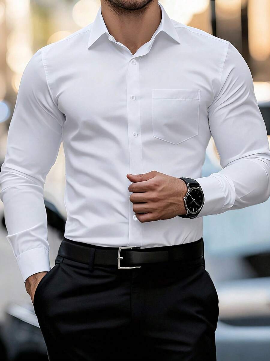 Manfinity Mode Men's Plus Solid Color Minimalist Casual Business Long Sleeve Button Up Business White Dress Shirts, Formal, Ceremony - White - View 1