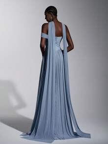 Elitara 优雅浪漫时尚的蓝色弹力网纱无肩带礼服，饰有鱼骨纹，前开衩，荷叶边装饰，A字型喇叭裙摆，拖尾，无肩带，长款正式派对礼服，婚礼宾客礼服，蓝色长款连衣裙，伴娘礼服，正式晚礼服 - 霧霾藍 - 查看 3