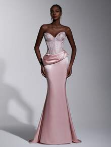 Elitara 优雅、浪漫、时尚、端庄的浅粉色提花面料褶皱装饰鱼尾下摆长款正式派对礼服、婚礼宾客礼服、黑白礼服、正式晚礼服 - 淺粉色 - 查看 5