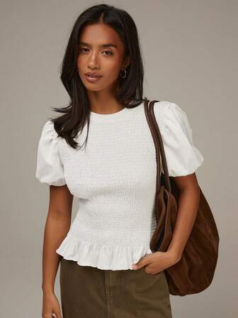 Athîral 女士休闲纯色泡泡袖衬衫，夏季