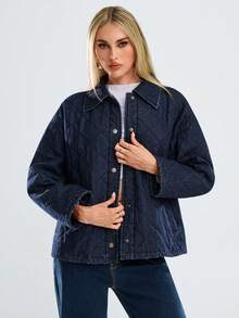 Avantive Fall & Winter Women  Blue Denim Jacket Christmas New Years Holiday Party Women Coat Black Blue Coat Holiday New Years Loose Coat Long Sleeve Coat New Years Eve New Years Christmas Party Women Denim Holiday Women Holiday Christmas Y2k Loose Collared Retro Party Wear Blue Washed With Pockets Street Style Belt Classy Daily Wear Casual Denim Coat Padded Denim Warm Denim Ladies Denim Thick Jacket Lambswool Denim Women's Denim Jacket Women's Denim Jacket Quilted Denim Jacket Jeans Jacket For Woman - Dark Wash - View 8