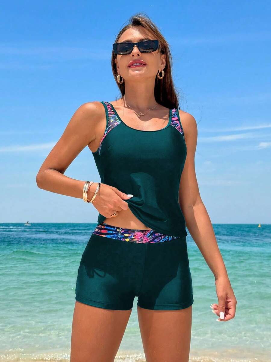 Swim Lushoire Graphic Print Scoop Neck Crop Top And Shorts 2-Piece Tankini Set - Dark Green - View 1