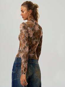 Freevana Women's Casual Vacation Style Floral Print Funnel Neck Long Sleeve Fitted Cropped Top, Autumn Boho Women Clothing Western Sheer Top Romantic - Multicolor - View 3