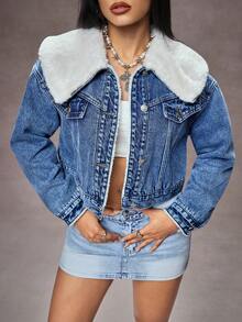 Jeanoix Women's Fuzzy Collar Long Sleeve Cropped Denim Washed Top, Autumn/Winter - Dark Wash - View 8