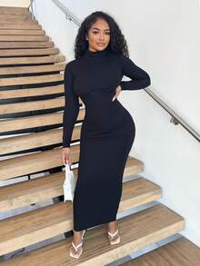 Alexandranx Vestido negro de cuello alto, Body entero y de ajuste ceñido con mangas para salir - Negro - Ver 5