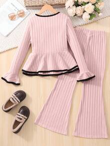 SHEIN Girls' Spring/Autumn Flared Sleeve Top And Pants Casual Street Fashion Suit - Baby Pink - View 2