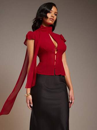 L'Amorae Women Chiffon Blouse Attached Scarf, Keyhole Detail, Valentines, Elegant, Wedding, Date Night