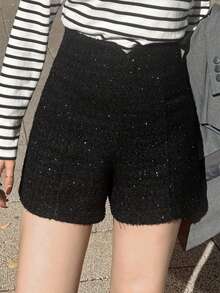 FRIFUL 女士高腰亮面阔腿宽松时尚优雅短裤 - 黑色 - 查看 3