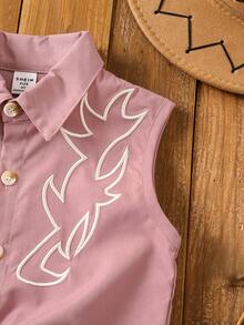 SHEIN 年轻女孩春夏 2025 新款西部图腾刺绣扭结酒红色衬衫，适合日常活动、郊游和社交聚会 - 藕粉色 - 查看 5