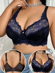 SHEIN 1pc Plus Size Lace Padded Contrast Color Sexy Bra - Black - View 3