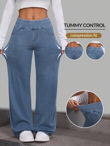 SHEIN PETITE Women's Casual Loose Straight-Leg Jeans Stretchy Jeans For Women Pants Flare Leg - Blue - View 2