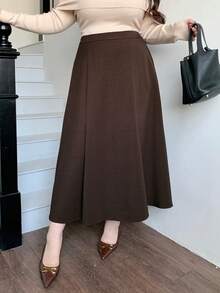 Dazy Plus Plus Size Women Solid Color Elastic Waist A-Line Long Skirt, Casual Commuting Loose Fit, Spring/Autumn - Brown - View 9