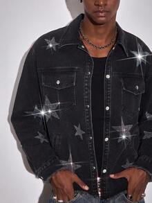 ROMWE MEN Men's American Street Style Star Rhinestone Denim Jacket - Black - View 6