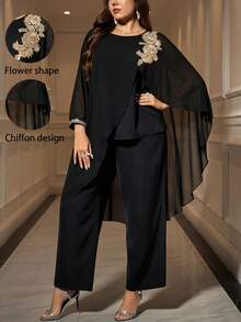 Reflora Áo choàng cổ tròn màu trơn cỡ lớn, phong cách cổ điển thanh lịch, rộng rãi 2 món - màu đen - Xem 1