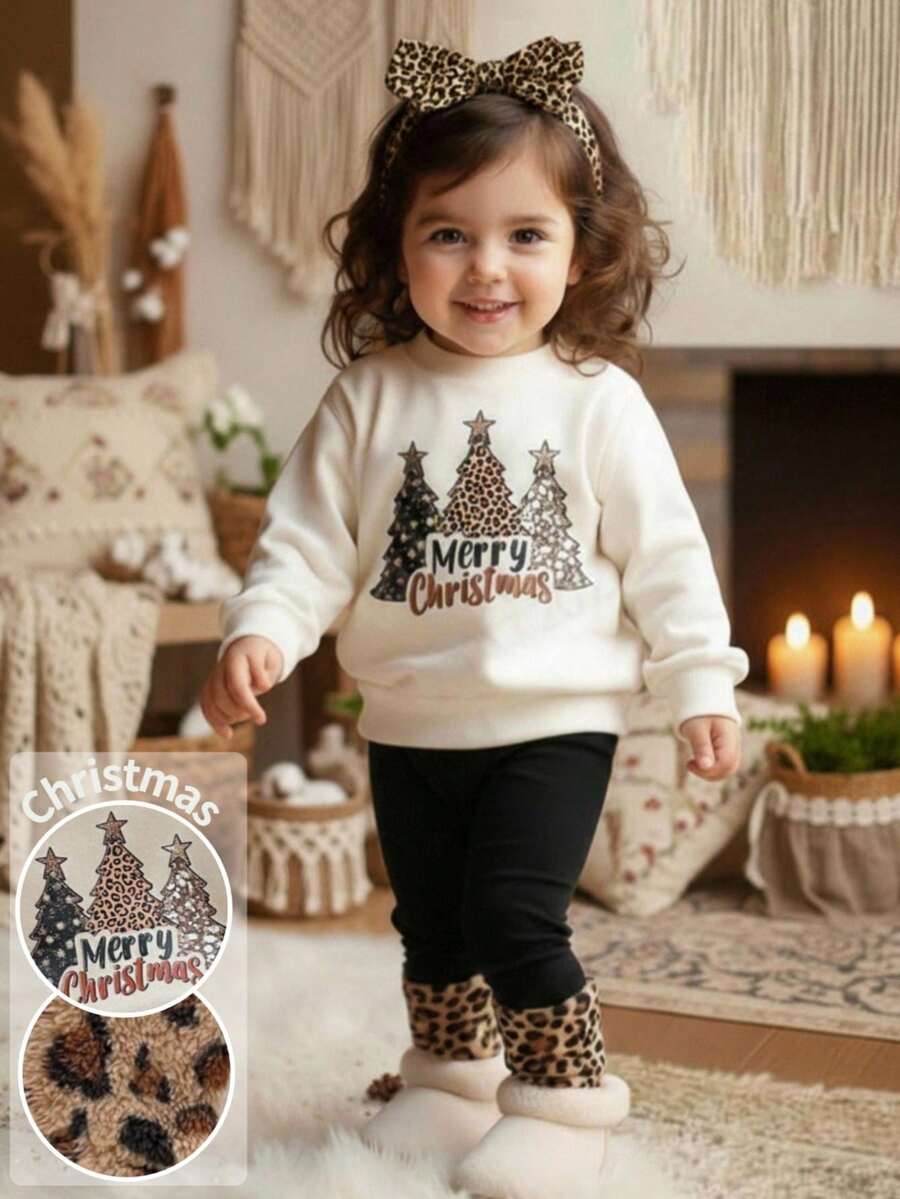LMoss Kids LMoss 女婴两件套休闲豹纹圣诞树图案套头衫和打底裤套装,加厚设计,适合秋冬季节,圣诞节,女婴圣诞服装,圣诞女婴套装,女婴冬季圣诞服装,女婴两件套冬季长袖圣诞套装 - 彩色 - 查看 1