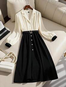 Franclia 大码女士优雅休闲通勤度假下午茶圣诞派对奢华纯色黑色杏色撞色翻领半门襟金属扣收腰长袖连衣裙，秋冬款