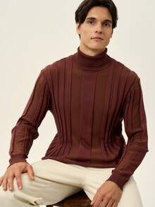 RONVEXI Suéter de punto casual con cuello alto y mangas raglán de unicolor para hombre - Café integral - Ver 4