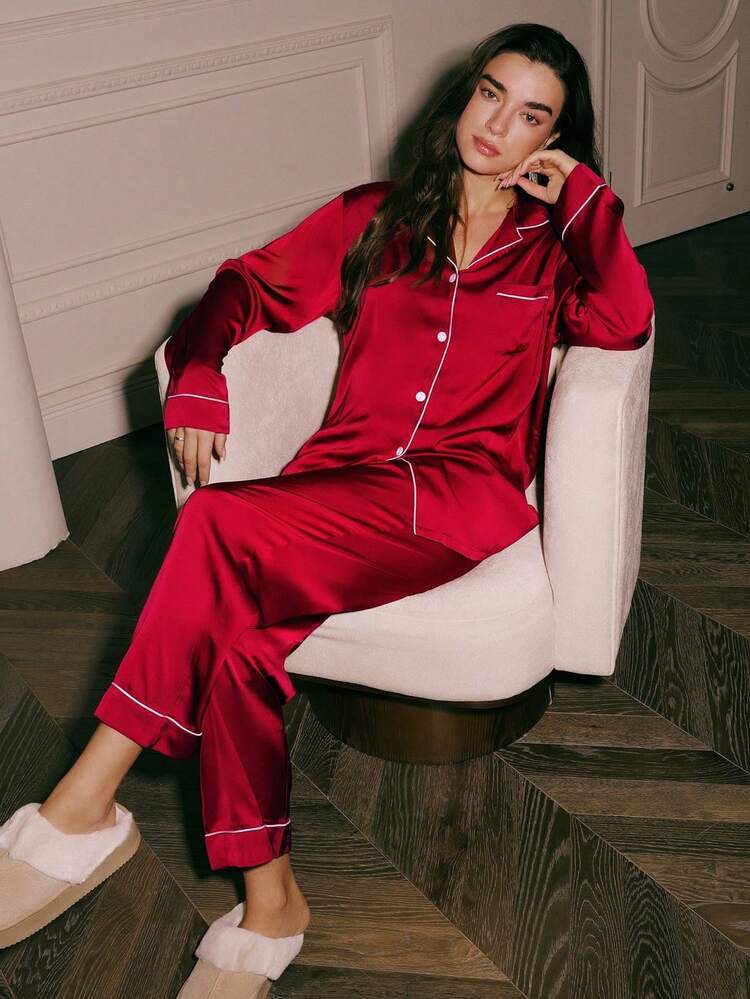 Christmas & New Years Pajamas Red & Burgundy Basic Satin Button Up Long Women Bridesmaid Pajama Set Lounge Sets For Women Clothes For Women Lingerie,Spring And Summer Wedding Items