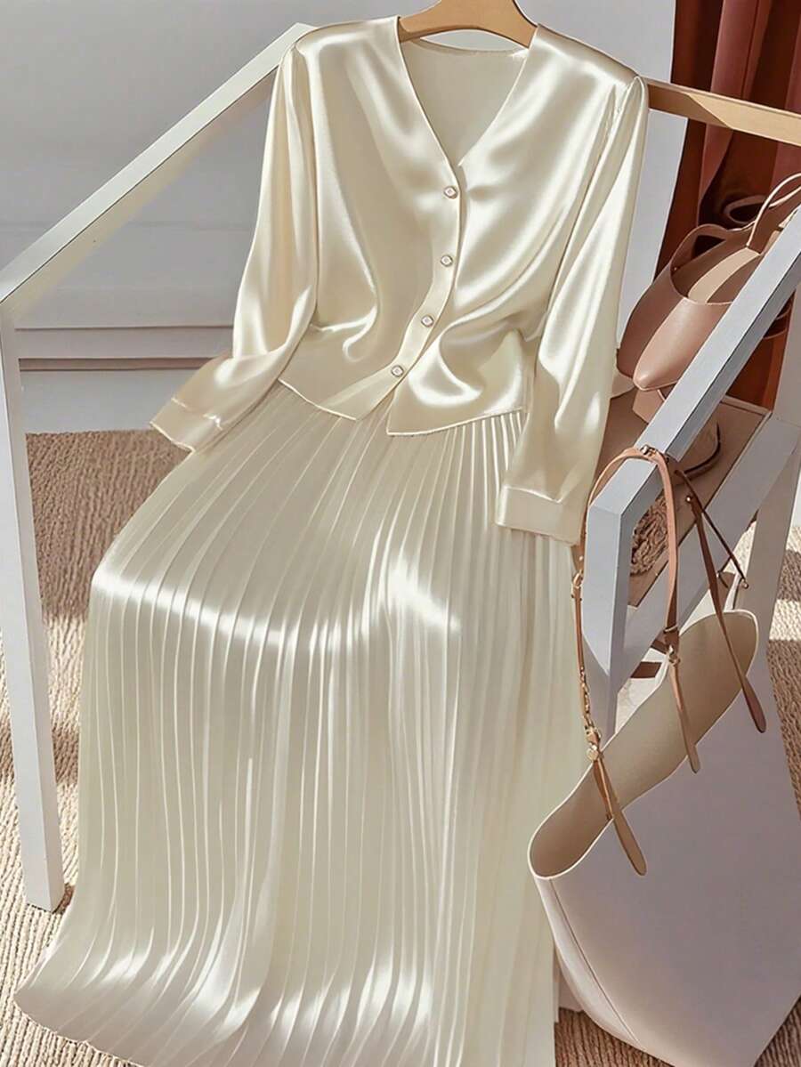 Franclia 女士优雅法式风情精致迷人开襟衬衫搭配百褶中长裙两件套，杏色亮面，春秋夏季假日阳光之旅休闲服饰，适合大学秋季穿着。 - 杏色 - 查看 1