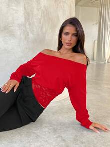 Aloruh Women's Casual Asymmetric Collar Long Sleeve Solid Color T-Shirts Red Long Sleeve Top - Red - View 5