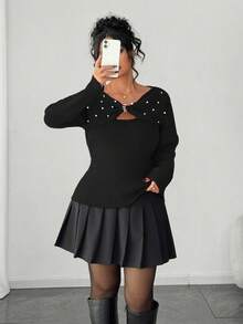 Auvina Plus Size Women's Twist Design Long Sleeve Elegant Pearl Embellished Sweater, Eye-Catching For Dates - Black - View 6