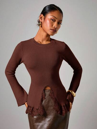 COSMINA Women's Elegant Flare Sleeve Lace Patchwork Crew Neck Knit Top, Autumn/Winter,  Brown Long Sleeve Top,  Chocolate Brown Top,  Brown Top Women,  Coffee Brown Top ,  Rust Brown Top,Sweaters For Women